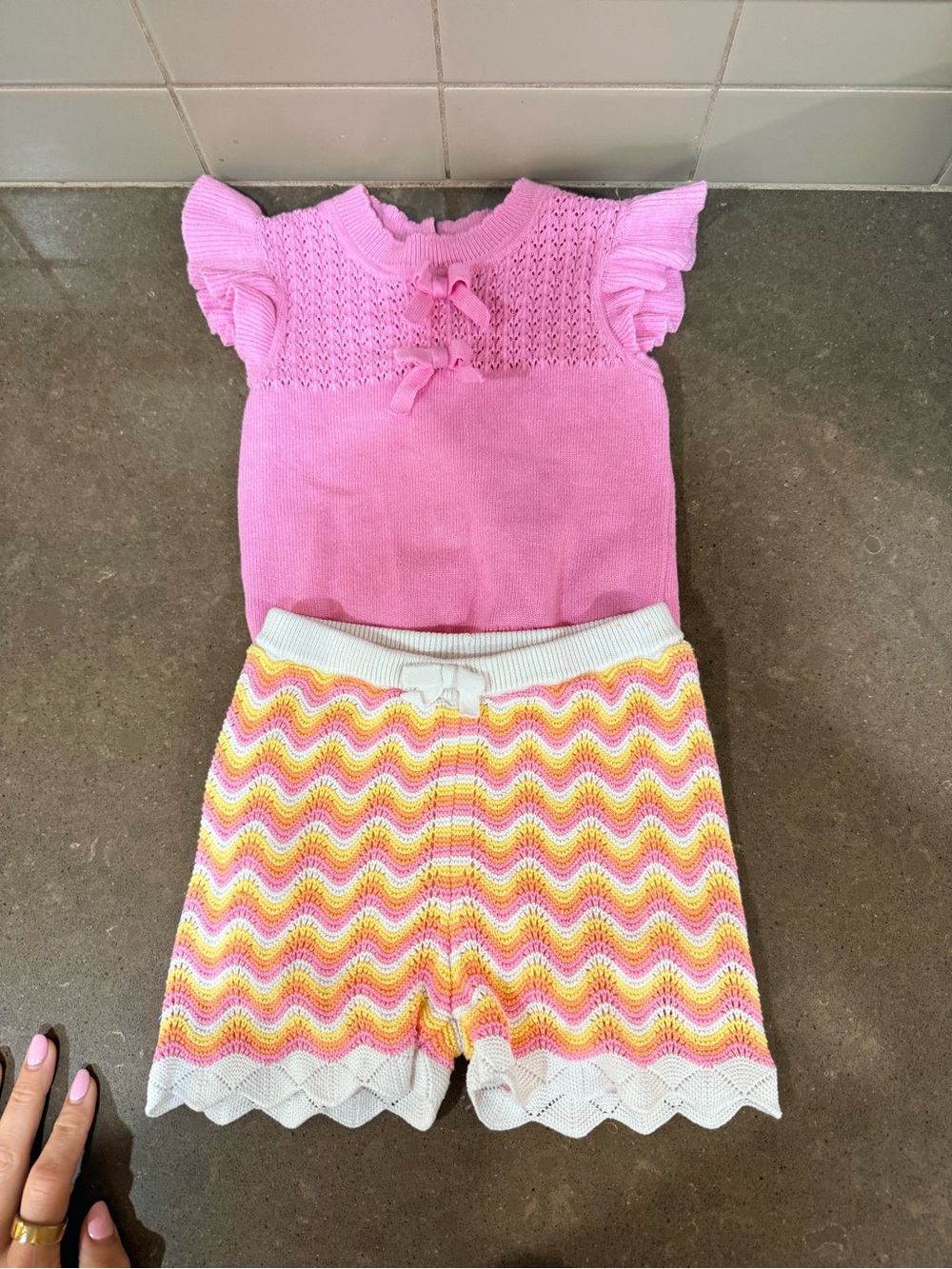 Janie and Jack Pastel Chevron Knit Shorts and Pink Top Set